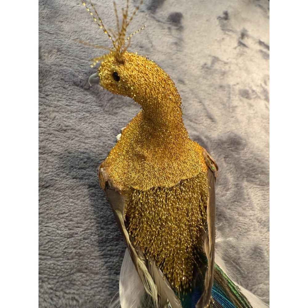 Vintage Gold Pinkish Peacock Real Feathers Clip On Christmas holiday ornament - Picture 8 of 11